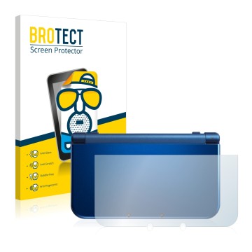 Face avant d’un emballage produit avec le logo de la marque BROTECT. À côté, l’appareil Nintendo New 3DS XL (boîtier) est repr