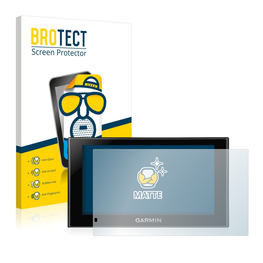 Front side of a product packaging with the brand logo BROTECT. Next to it is the device Garmin nüvi 2599LMT-D shown with the c