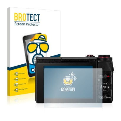 Face avant d’un emballage produit avec le logo de la marque BROTECT. À côté, l’appareil Canon PowerShot G7 X G7X est représent