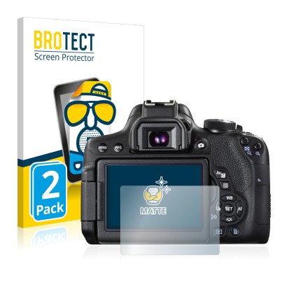 Face avant d’un emballage produit avec le logo de la marque BROTECT. À côté, l’appareil Canon EOS 750D est représenté avec la 
