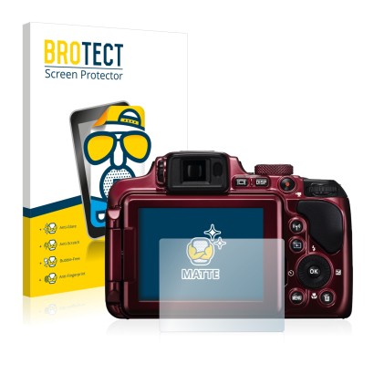 Front side of a product packaging with the brand logo BROTECT. Next to it is the device Nikon Coolpix P610 shown with the corr