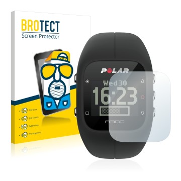 Front side of a product packaging with the brand logo BROTECT. Next to it is the device Polar A300 shown with the correspondin