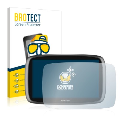 Front side of a product packaging with the brand logo BROTECT. Next to it is the device TomTom GO 6100 shown with the correspo