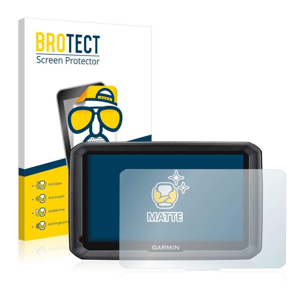 Front side of a product packaging with the brand logo BROTECT. Next to it is the device Garmin dezl 770 LMT-D shown with the c