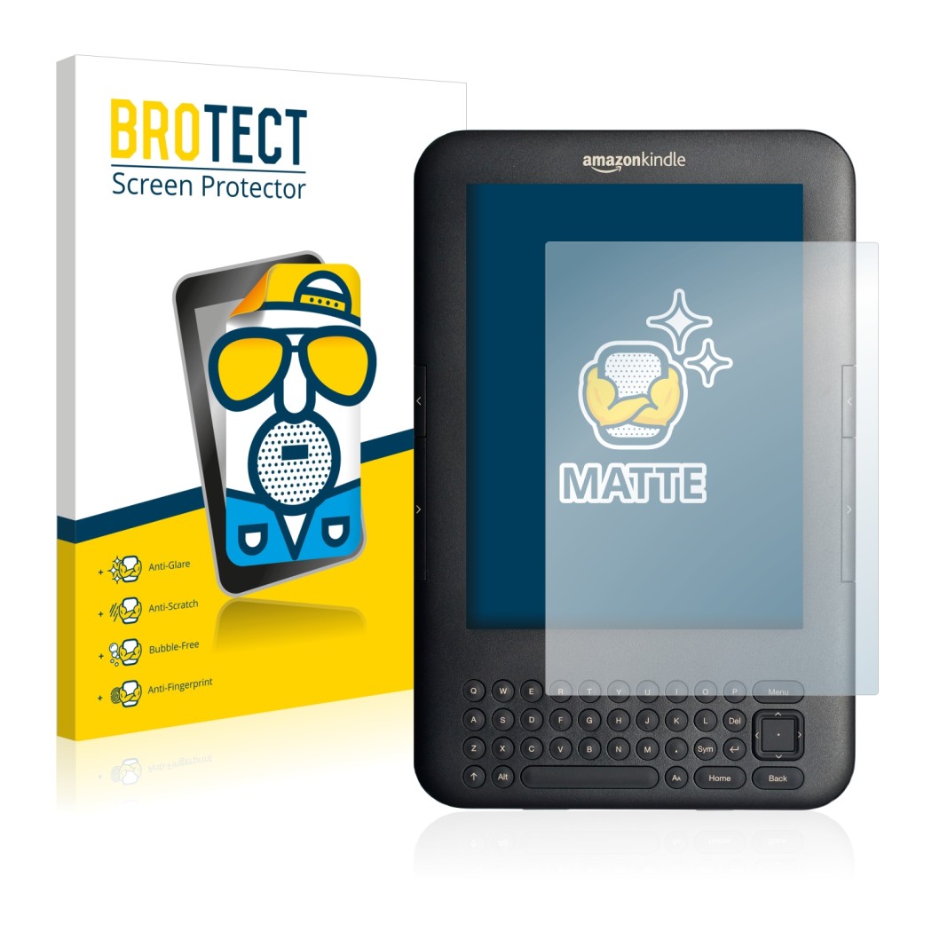 Front side of a product packaging with the brand logo BROTECT. Next to it is the device Amazon Kindle 3 shown with the corresp