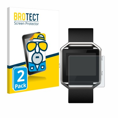 Parte frontal de un envase de producto con el logotipo de la marca BROTECT. Al lado se muestra el dispositivo Fitbit Blaze con