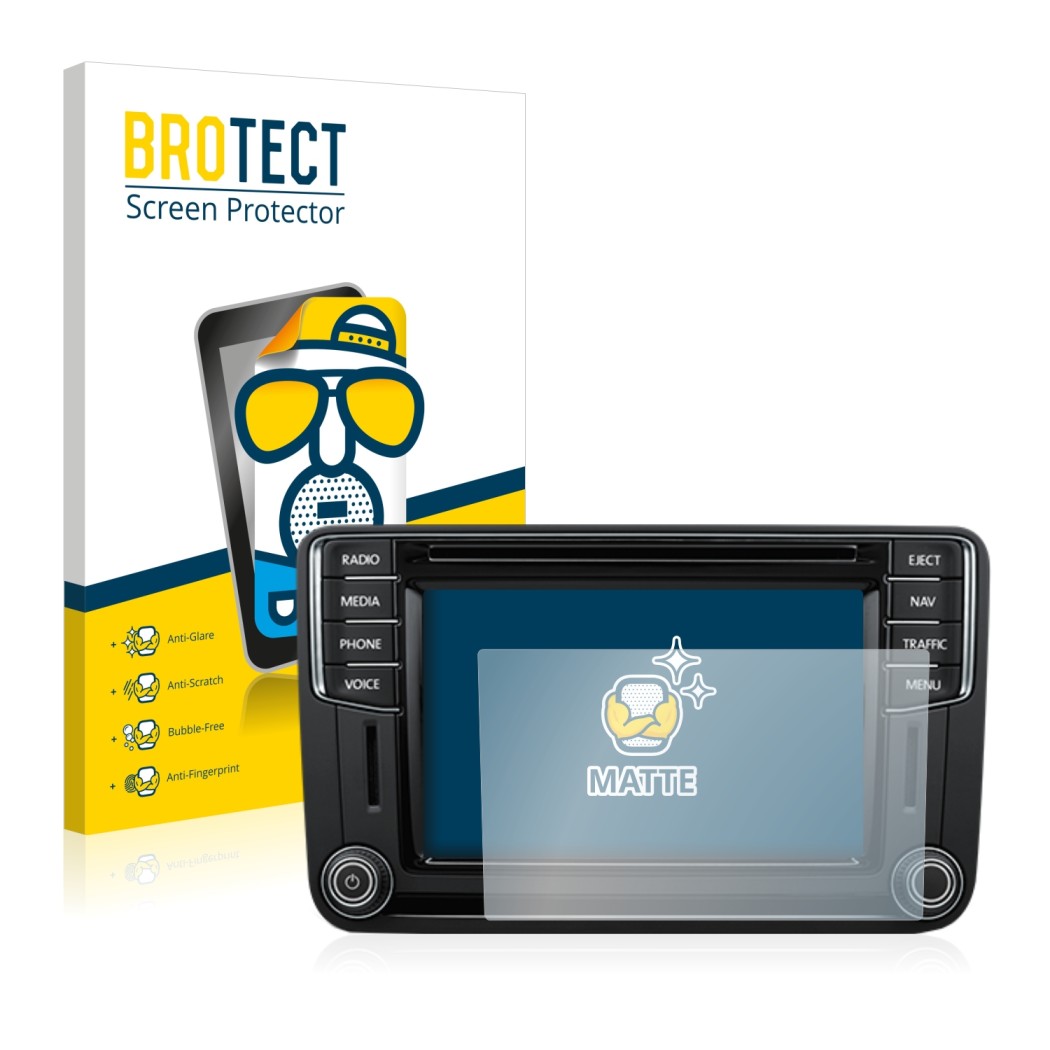 Front side of a product packaging with the brand logo BROTECT. Next to it is the device Volkswagen T6 2016 Discover Media Plus