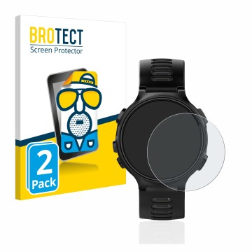 Front side of a product packaging with the brand logo BROTECT. Next to it is the device Garmin Forerunner 735XT shown with the