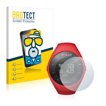 Front side of a product packaging with the brand logo BROTECT. Next to it is the device Polar M200 shown with the correspondin