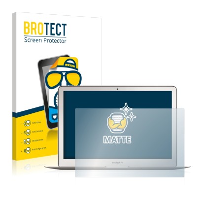 Face avant d’un emballage produit avec le logo de la marque BROTECT. À côté, l’appareil Apple MacBook Air 13" (Début 2015) est