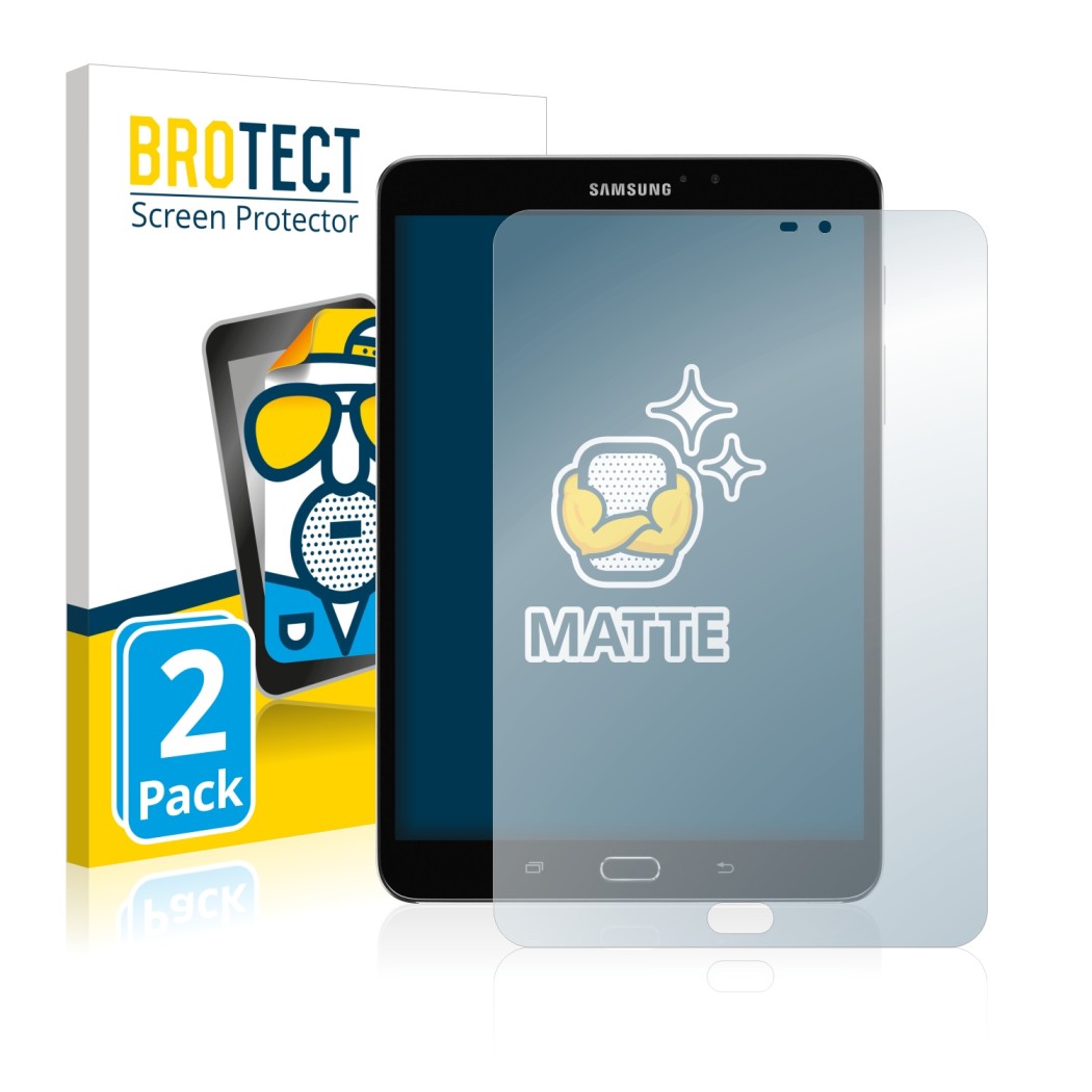 Vorderseite einer Produktverpackung mit dem Markenlogo BROTECT. Daneben ist das Gerät Samsung Galaxy Tab Tab S2 8.0 WiFi mit d