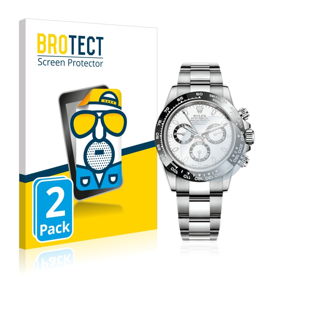 Parte frontale di una confezione del prodotto con il logo del marchio BROTECT. Accanto è raffigurato il dispositivo Rolex Cosm