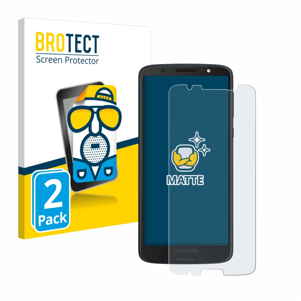 Parte frontal de un envase de producto con el logotipo de la marca BROTECT. Al lado se muestra el dispositivo Motorola Moto G6