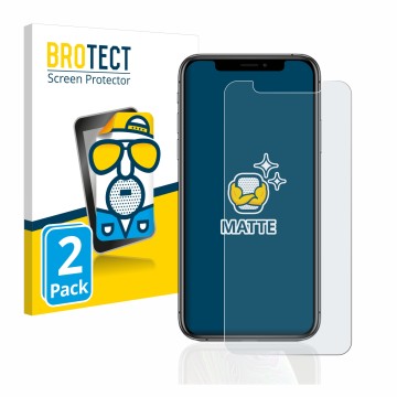 Vorderseite einer Produktverpackung mit dem Markenlogo BROTECT. Daneben ist das Gerät Apple iPhone Xs mit dem zugehörigen Disp