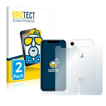 Face avant d’un emballage produit avec le logo de la marque BROTECT. À côté, l’appareil Apple iPhone XR (Avant+Arrière) est re