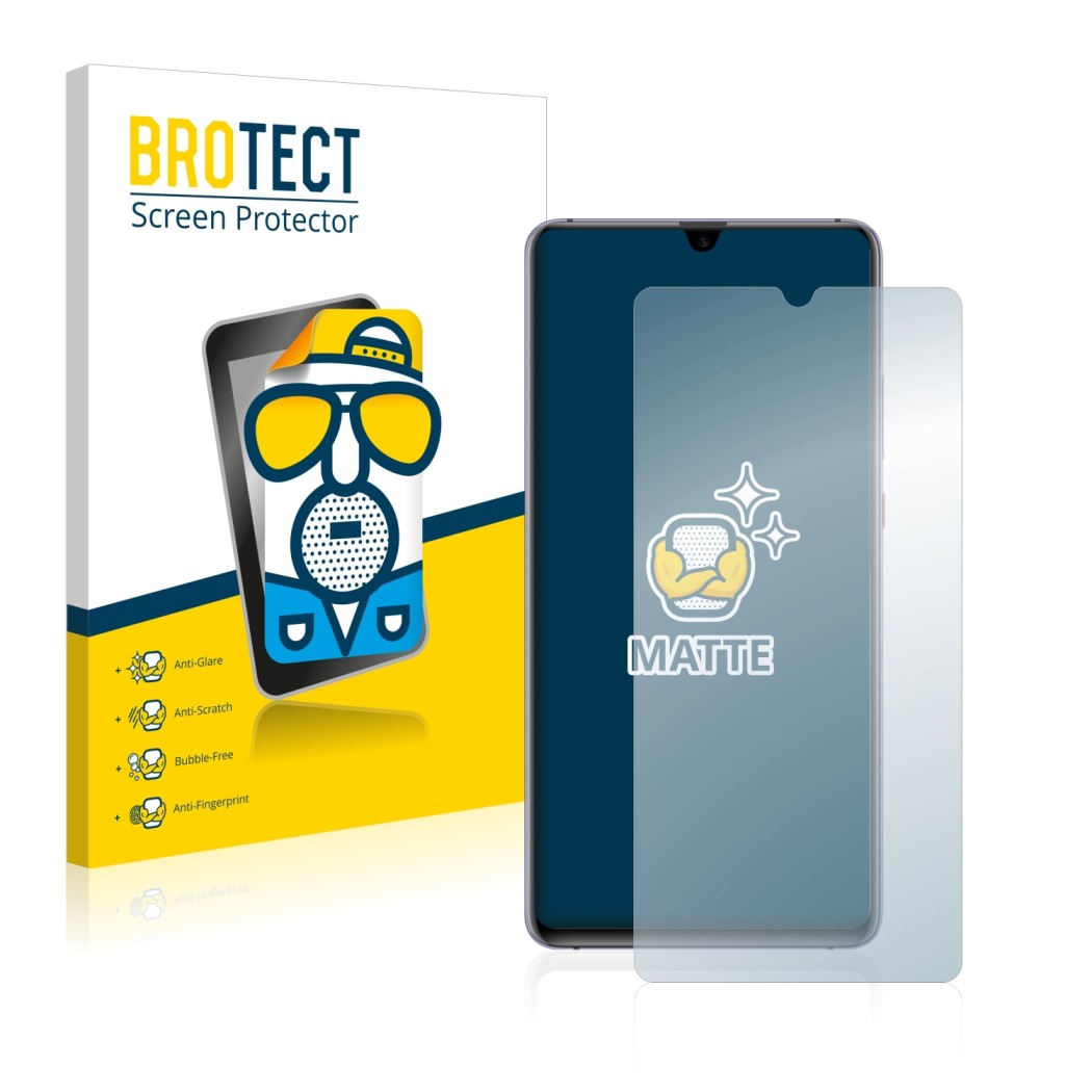Front side of a product packaging with the brand logo BROTECT. Next to it is the device Huawei Mate 20 X shown with the corres