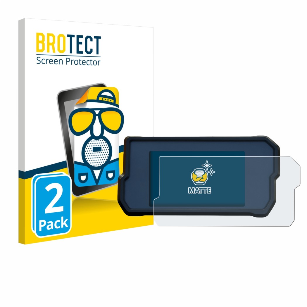 Parte frontal de un envase de producto con el logotipo de la marca BROTECT. Al lado se muestra el dispositivo KTM 390 Duke 201