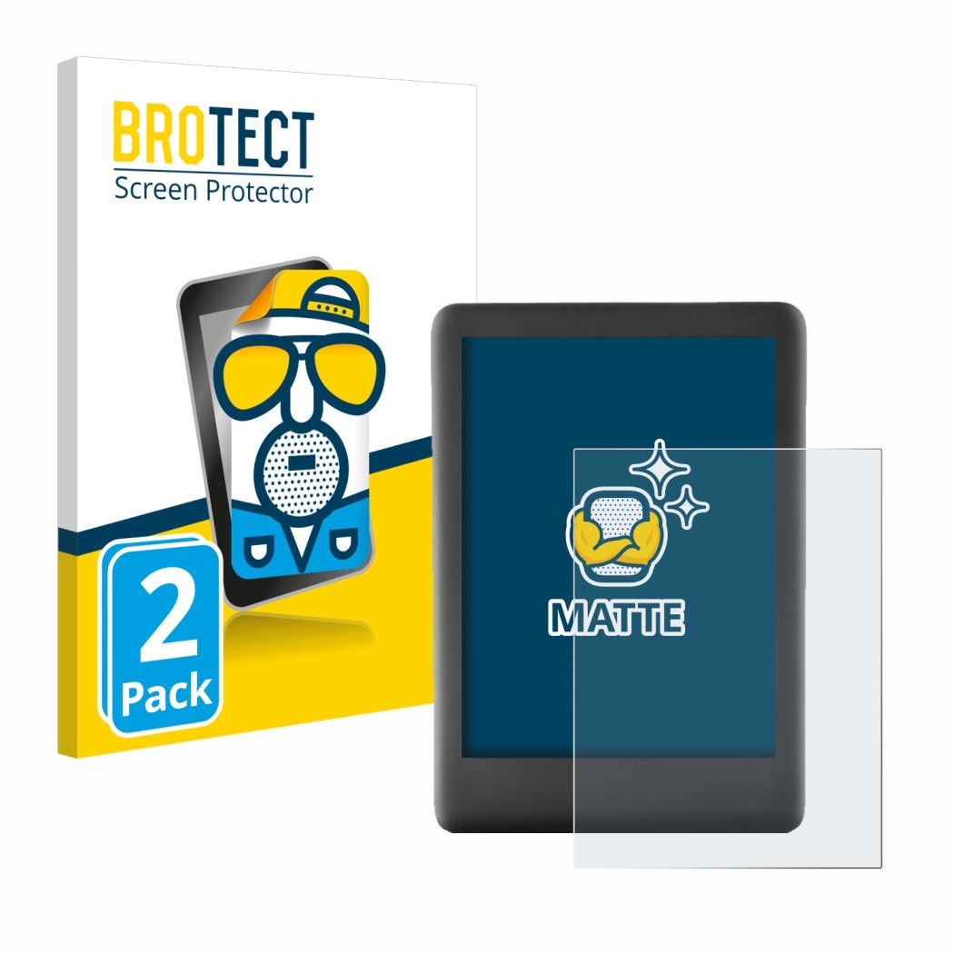 Front side of a product packaging with the brand logo BROTECT. Next to it is the device Amazon Kindle 2019 (10th Gen.) shown w