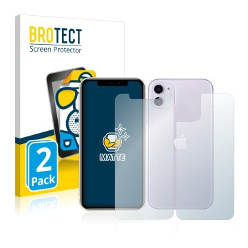 Vorderseite einer Produktverpackung mit dem Markenlogo BROTECT. Daneben ist das Gerät Apple iPhone 11 (Display+Rückseite) mit 