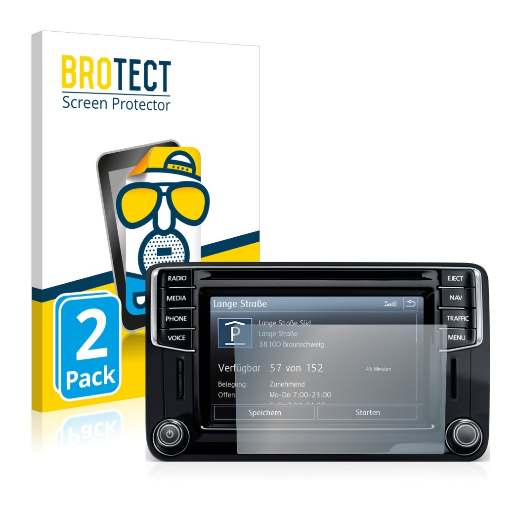 Front side of a product packaging with the brand logo BROTECT. Next to it is the device Volkswagen Caddy 2015 Discover Media 6