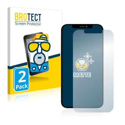 Front side of a product packaging with the brand logo BROTECT. Next to it is the device Apple iPhone 12 Pro Max shown with the
