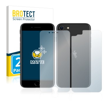 Front side of a product packaging with the brand logo BROTECT. Next to it is the device Apple iPhone SE 2 2020 (Front+Back) sh