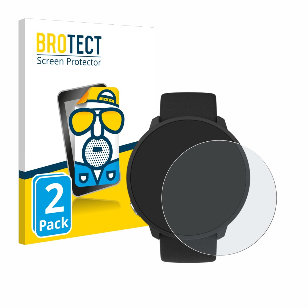 Parte frontal de un envase de producto con el logotipo de la marca BROTECT. Al lado se muestra el dispositivo Polar Unite con 