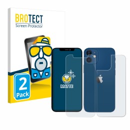Front side of a product packaging with the brand logo BROTECT. Next to it is the device Apple iPhone 12 (Front+Back) shown wit