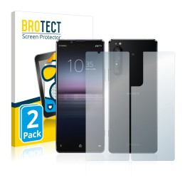 Front side of a product packaging with the brand logo BROTECT. Next to it is the device Sony Xperia 1 II (Front+Back) shown wi