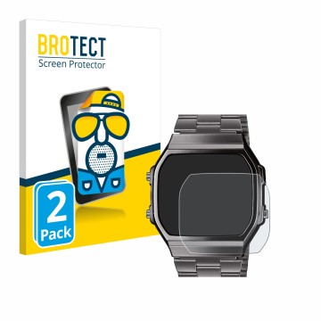 Front side of a product packaging with the brand logo BROTECT. Next to it is the device Casio A168WEGG-1BEF shown with the cor