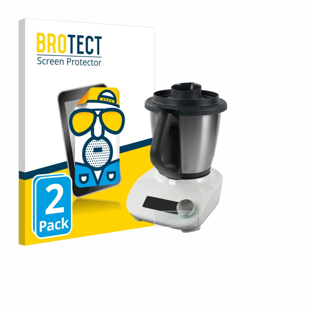 Front side of a product packaging with the brand logo BROTECT. Next to it is the device Vorwerk Thermomix Friend shown with th