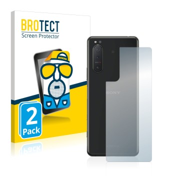 Front side of a product packaging with the brand logo BROTECT. Next to it is the device Sony Xperia 5 II (Back) shown with the
