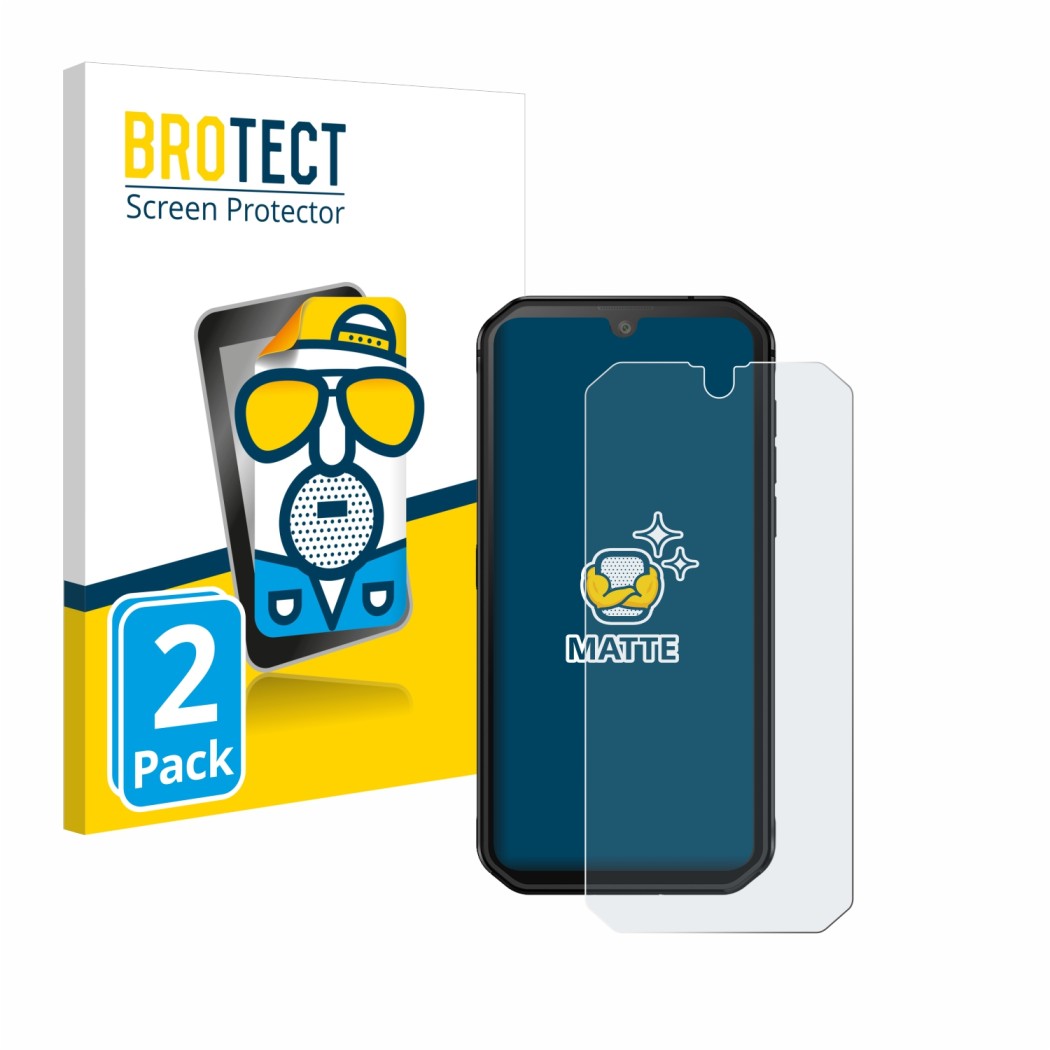 Front side of a product packaging with the brand logo BROTECT. Next to it is the device Blackview BV9900E shown with the corre