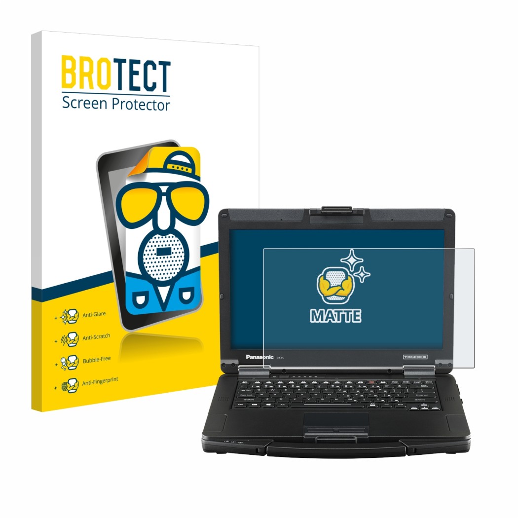 Front side of a product packaging with the brand logo BROTECT. Next to it is the device Panasonic Toughbook FZ-55 Full HD show