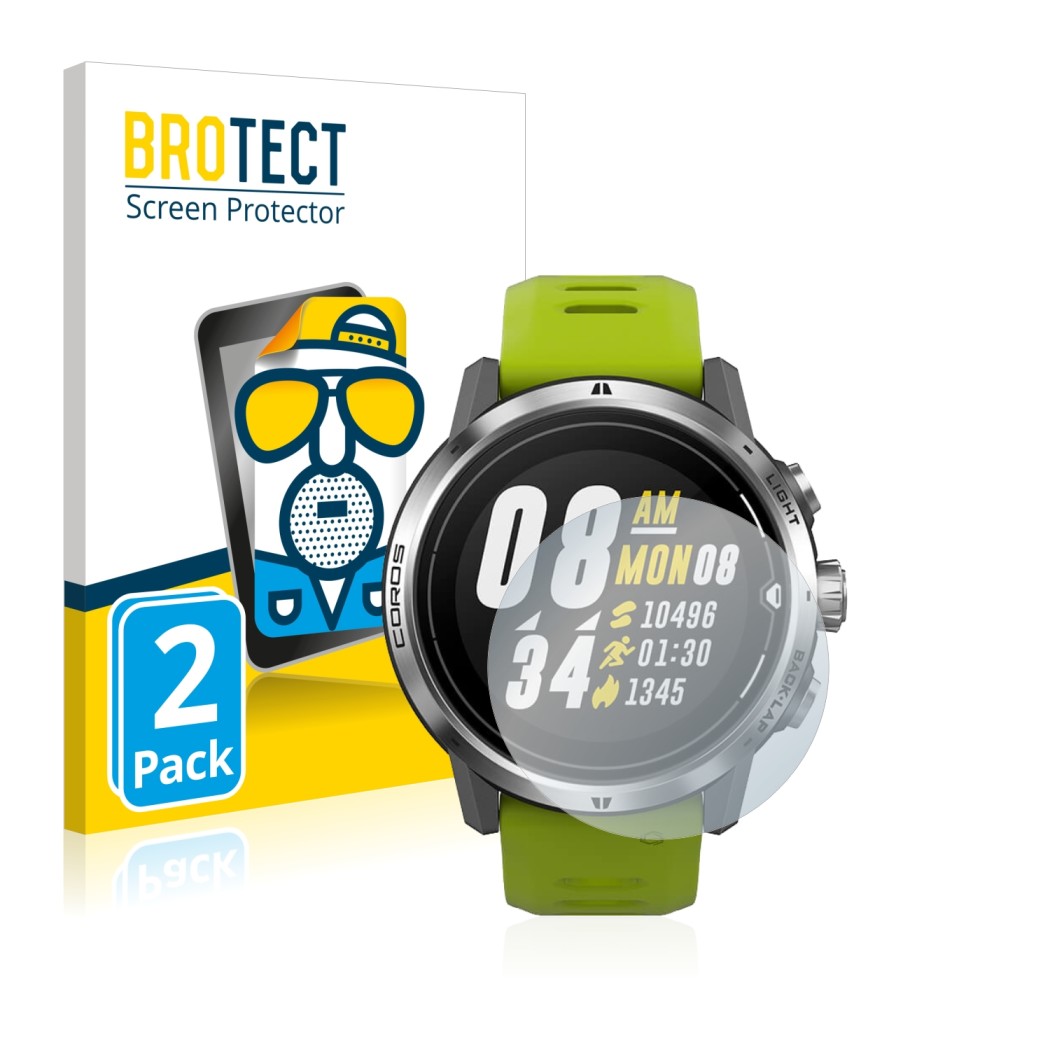 Face avant d’un emballage produit avec le logo de la marque BROTECT. À côté, l’appareil Coros Apex Pro est représenté avec la 