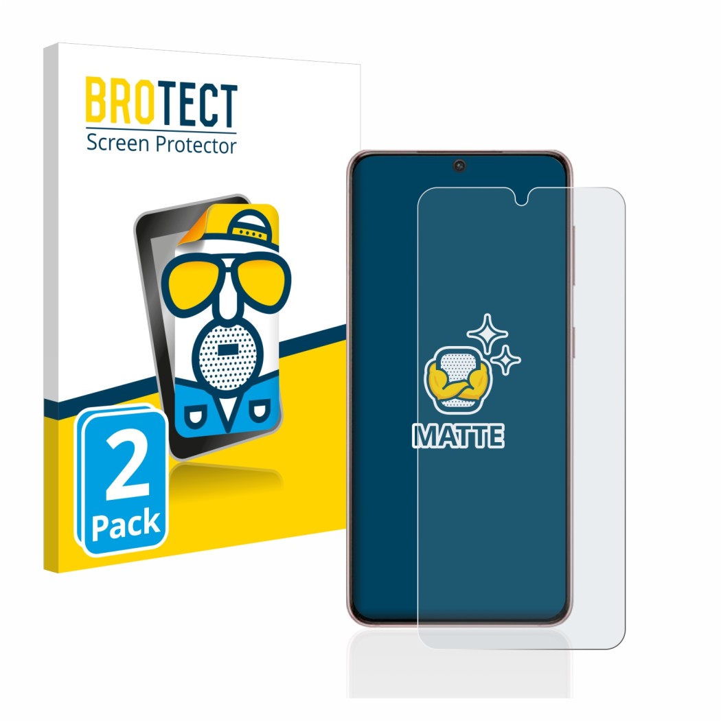 Face avant d’un emballage produit avec le logo de la marque BROTECT. À côté, l’appareil Samsung Galaxy S21 5G est représenté a