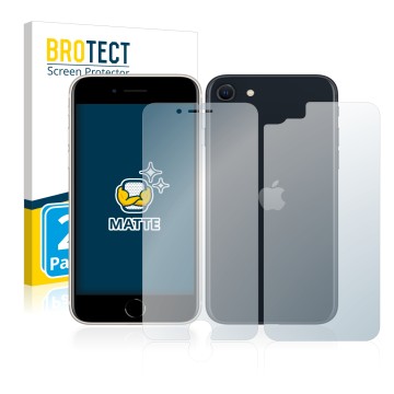 Parte frontal de un envase de producto con el logotipo de la marca BROTECT. Al lado se muestra el dispositivo Apple iPhone SE 