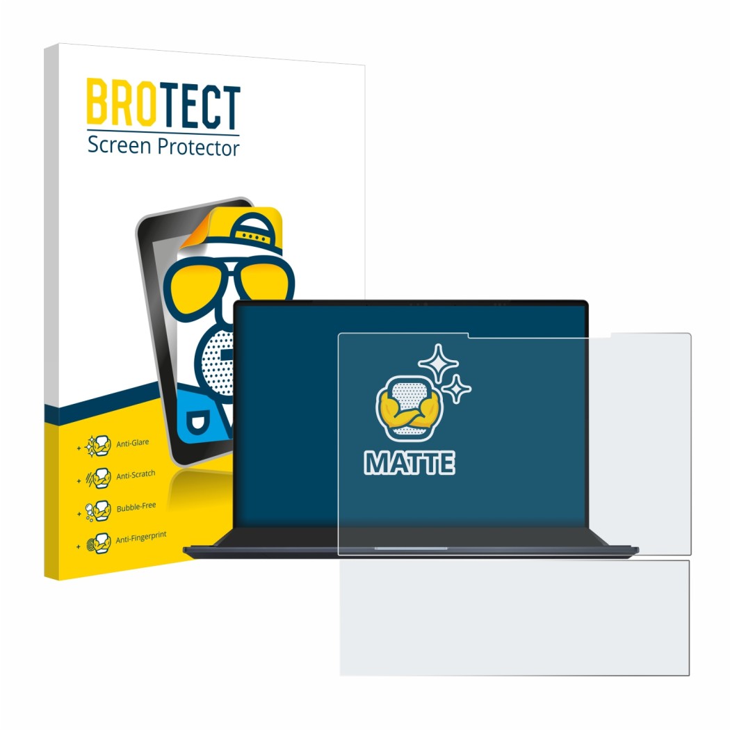 Vorderseite einer Produktverpackung mit dem Markenlogo BROTECT. Daneben ist das Gerät ASUS ZenBook Pro 14 Duo OLED UX8402 mit 