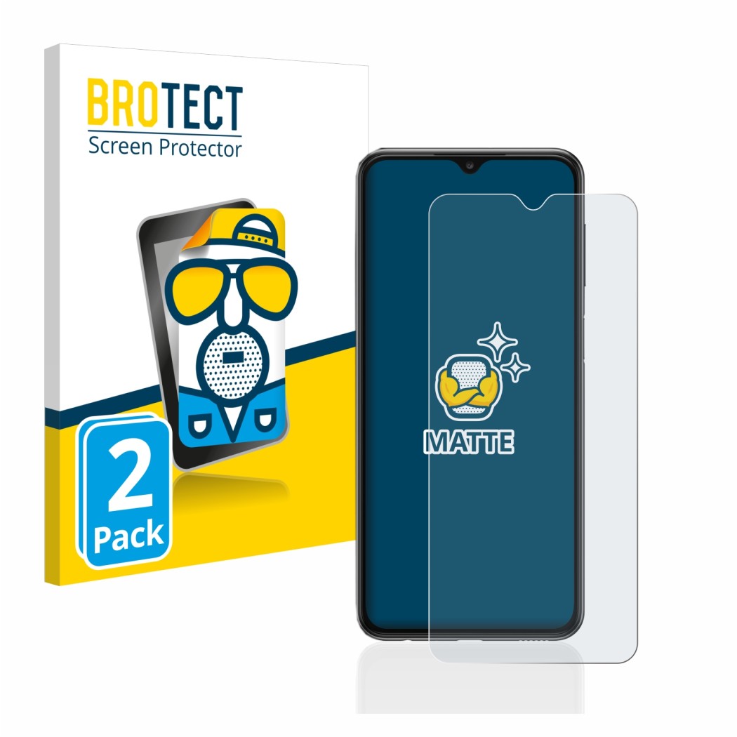 Parte frontal de un envase de producto con el logotipo de la marca BROTECT. Al lado se muestra el dispositivo Samsung Galaxy A