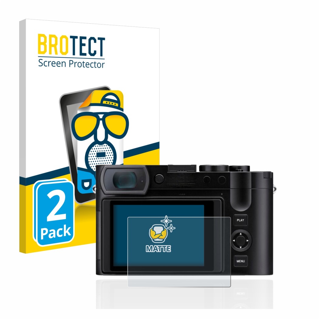 Parte frontale di una confezione del prodotto con il logo del marchio BROTECT. Accanto è raffigurato il dispositivo Leica Q3 c