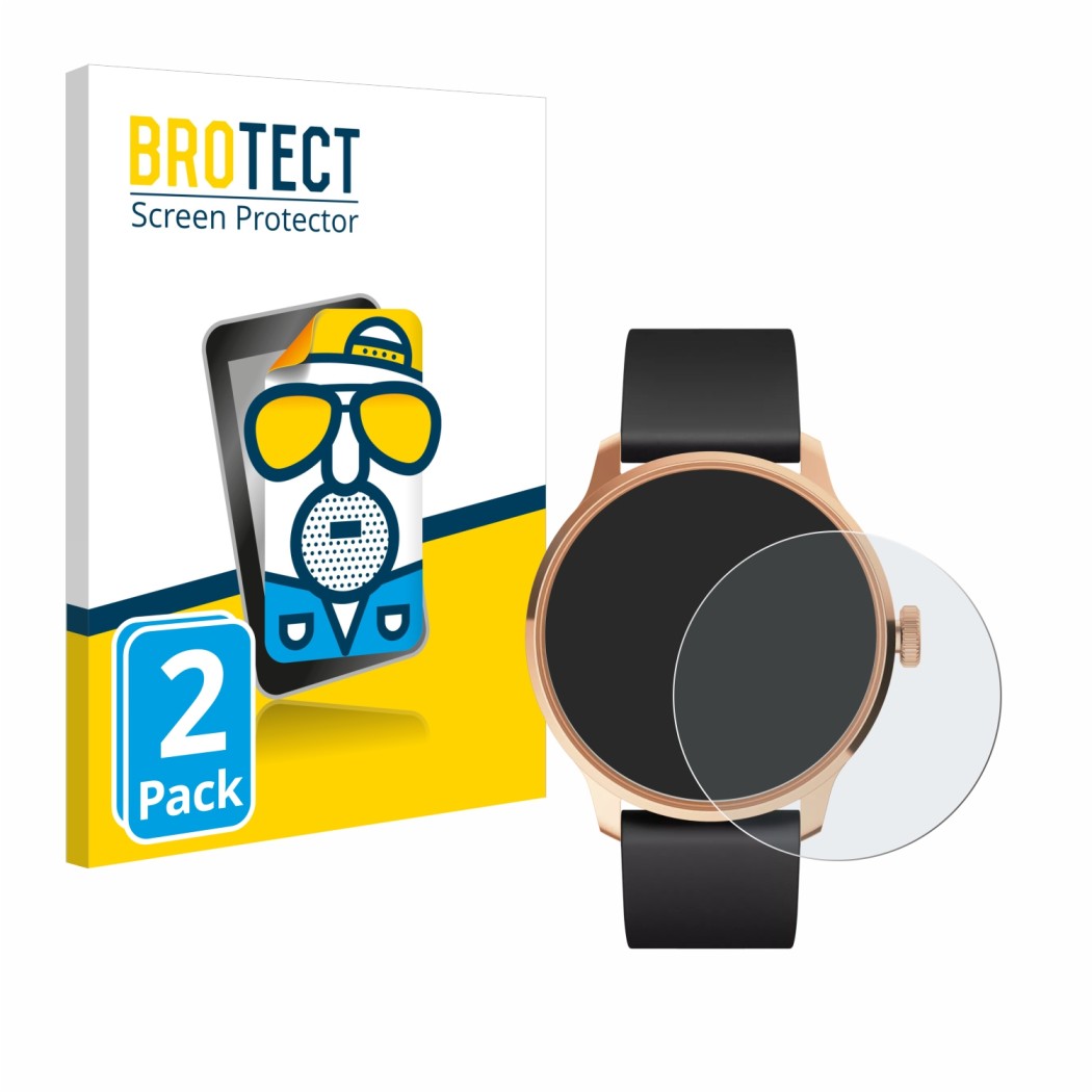 Front side of a product packaging with the brand logo BROTECT. Next to it is the device Withings ScanWatch Light shown with th