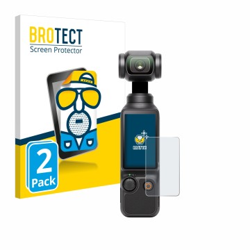 Front side of a product packaging with the brand logo BROTECT. Next to it is the device DJI Osmo Pocket 3 shown with the corre
