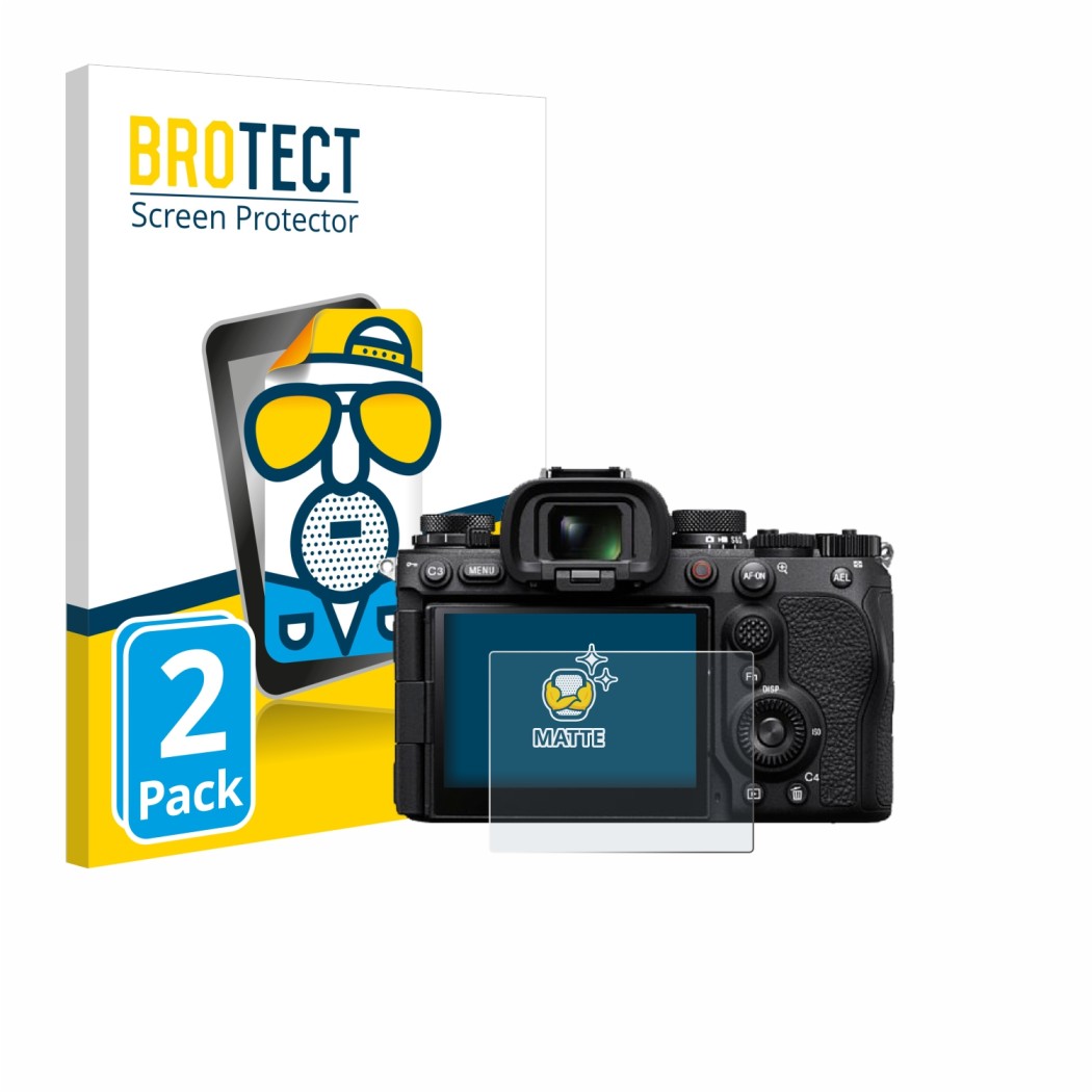 Front side of a product packaging with the brand logo BROTECT. Next to it is the device Sony Alpha 9 III shown with the corres