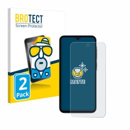 Front side of a product packaging with the brand logo BROTECT. Next to it is the device Samsung Galaxy A35 5G shown with the c