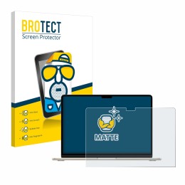 Parte frontal de un envase de producto con el logotipo de la marca BROTECT. Al lado se muestra el dispositivo Apple MacBook Ai