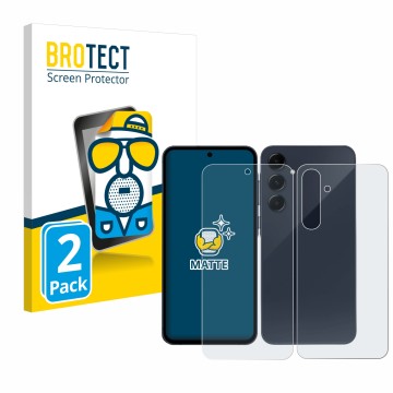 Front side of a product packaging with the brand logo BROTECT. Next to it is the device Samsung Galaxy A55 5G (Front+Back) sho