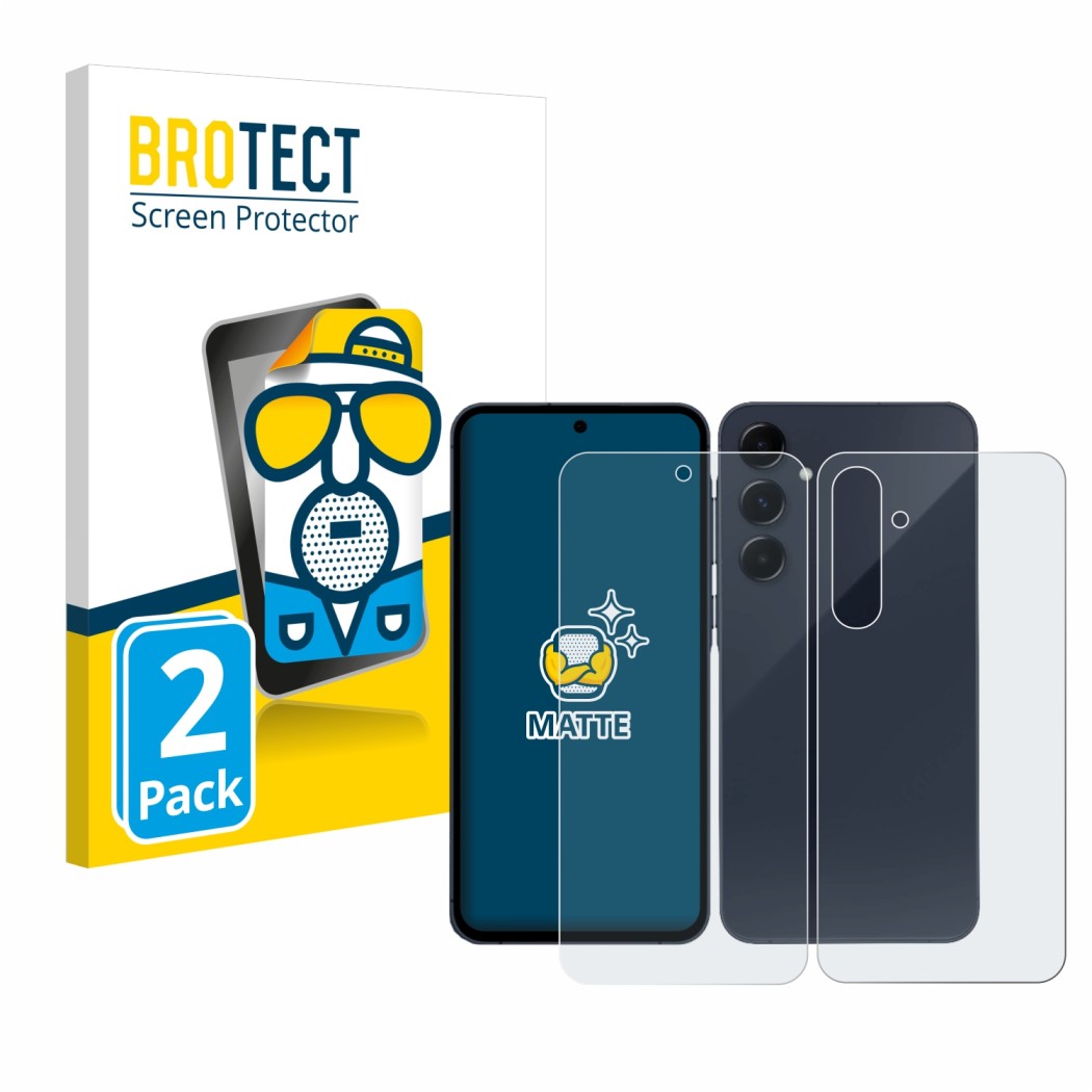Front side of a product packaging with the brand logo BROTECT. Next to it is the device Samsung Galaxy A35 5G (Front+Back) sho