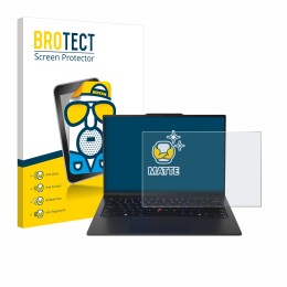 Parte frontal de un envase de producto con el logotipo de la marca BROTECT. Al lado se muestra el dispositivo Lenovo ThinkPad 