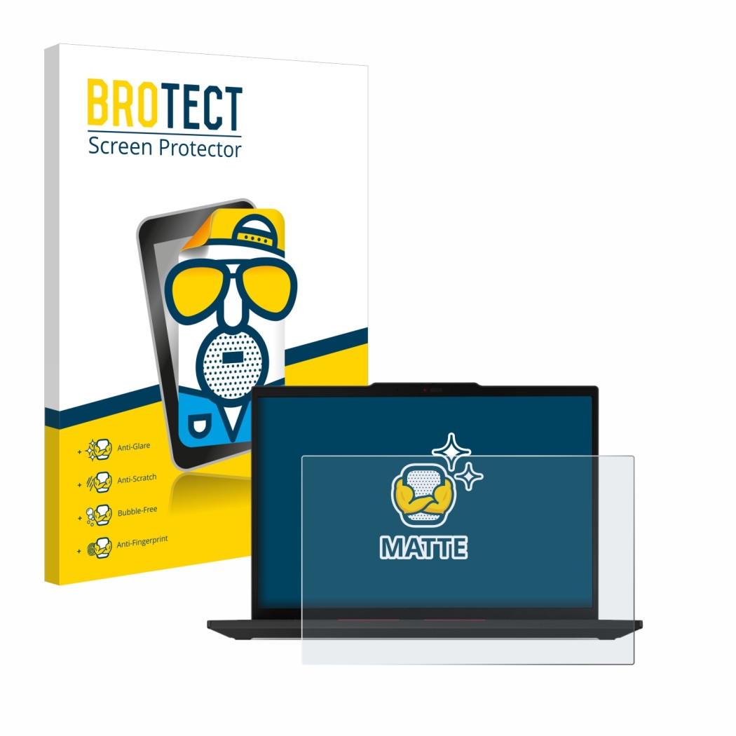 Parte frontal de un envase de producto con el logotipo de la marca BROTECT. Al lado se muestra el dispositivo Lenovo ThinkPad 