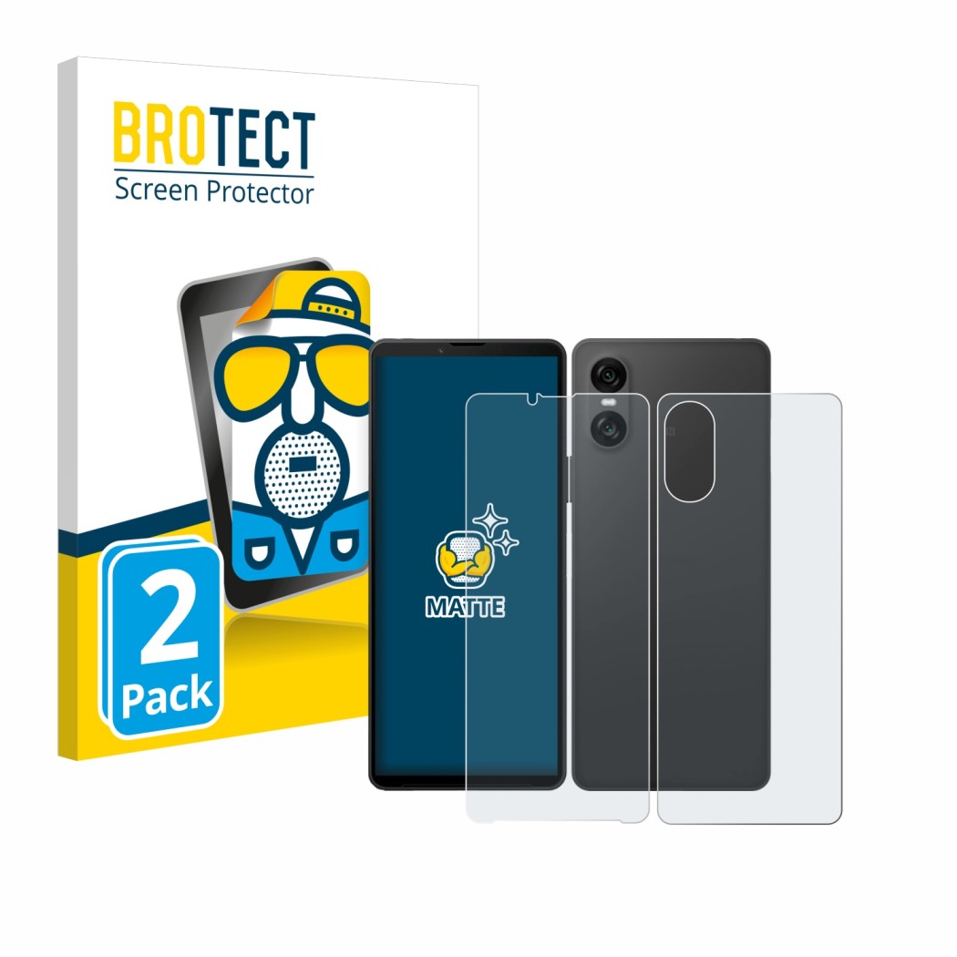 Parte frontale di una confezione del prodotto con il logo del marchio BROTECT. Accanto è raffigurato il dispositivo Sony Xperi